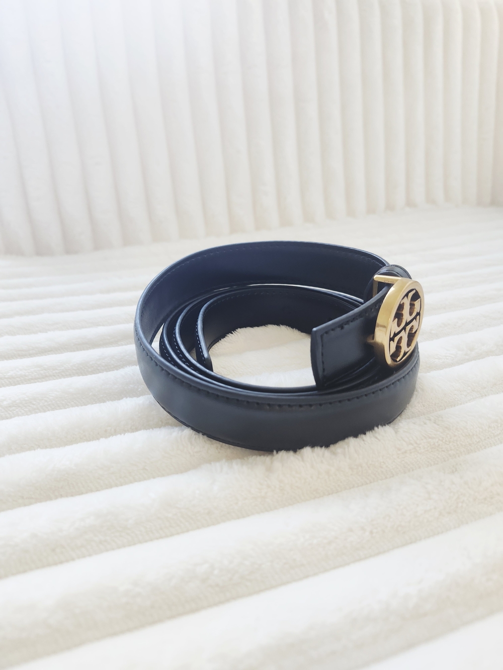 Tory Burch Black Leather Logo Belt Gold Double T Buckle - Picture 2 of 3